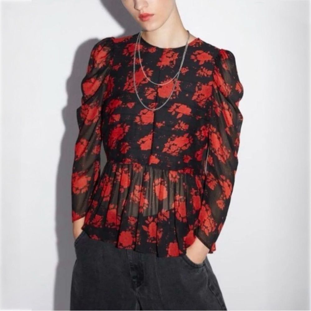 Zara Rose Floral Semi-Sheer Chiffon Puff Sleeve Peplum Blouse - Picture 2 of 12